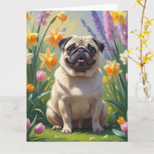Tarjeta Pintura de pug con flores de primavera