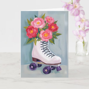 Tarjeta Pintura de Ramo de Rosas con Patines de Rueda