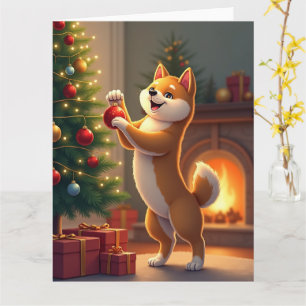 Tarjeta Pintura de Shiba Inu decorando el árbol de Navidad