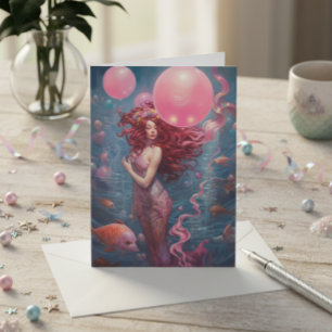 Tarjeta Pintura de sirena de globos de cumpleaños rosa
