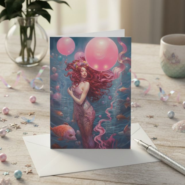 Tarjeta Pintura de sirena de globos de cumpleaños rosa (Subido por el creador)