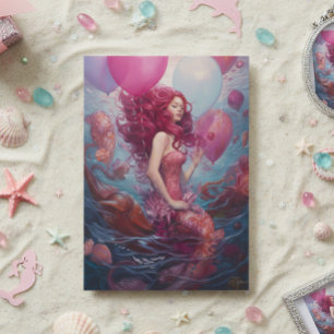 Tarjeta Pintura de sirena de globos de cumpleaños rosa