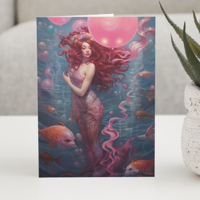 Tarjeta Pintura de sirena de globos de cumpleaños rosa (Subido por el creador)