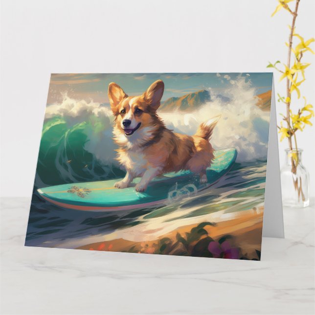 Tarjeta Pintura de surf de Corgi Beach (flor amarilla)