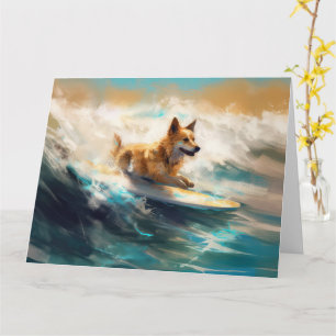Tarjeta Pintura de surf en la playa con Lapphund finlandés