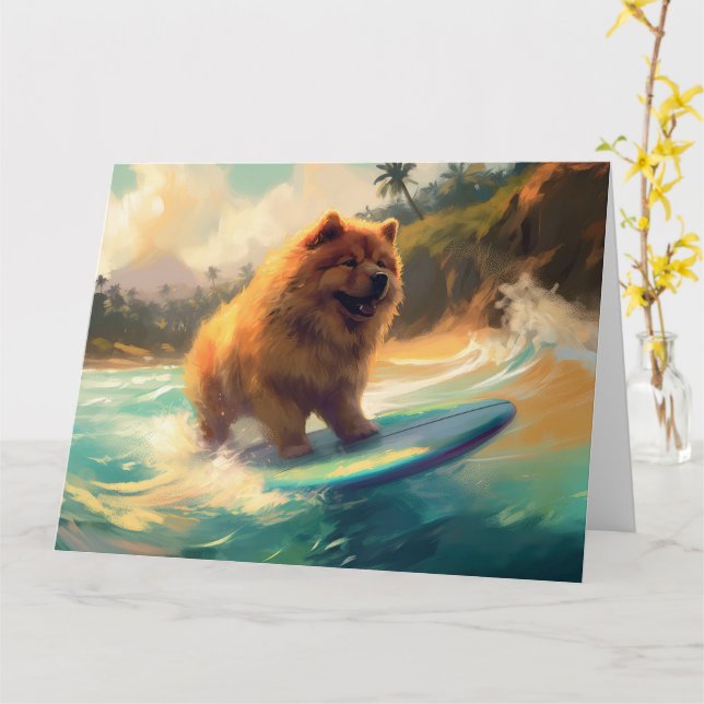 Tarjeta Pintura de surf en la playa de Chow Chow (flor amarilla)