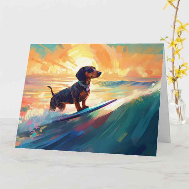 Tarjeta Pintura de surf en la playa de Dachshund (flor amarilla)