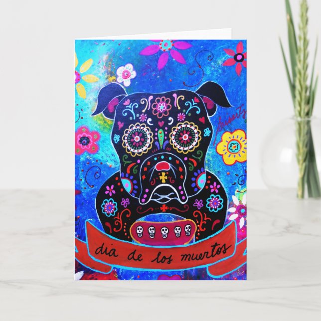 Tarjeta Pintura del bulldog Dia de los Muertos (Anverso)