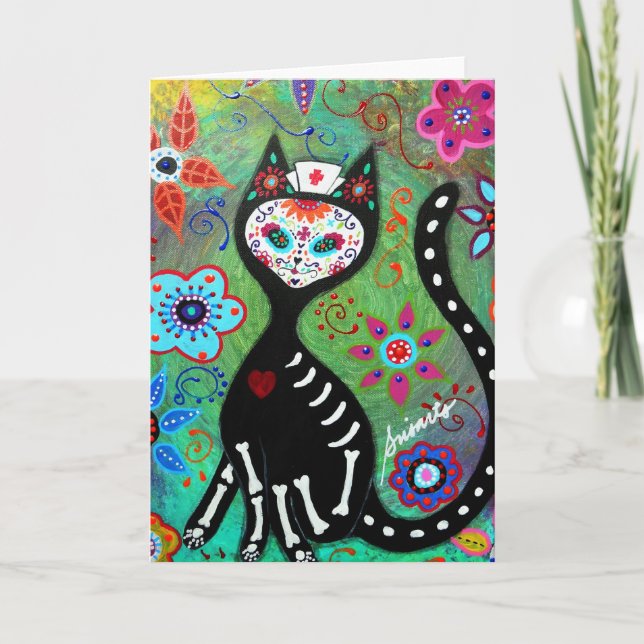 TARJETA PINTURA DEL EL GATO CAT DIA DE LOS MUERTOS NURSE (Anverso)
