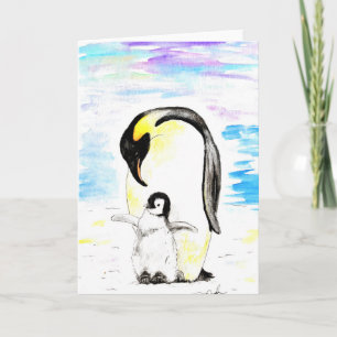 Tarjeta Pintura en acuarela de pingüino emperador y pollue