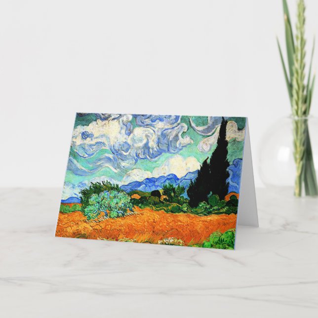 Tarjeta Pintura Van Gogh, Wheatfield con árbol de cipreses (Anverso)