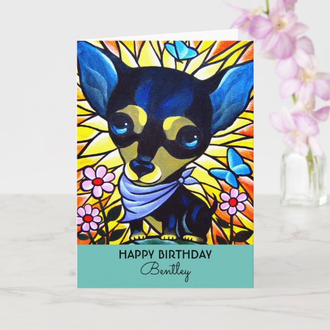 Tarjeta Pintura Verde azulada de perro negro chihuahua (Orquídea)