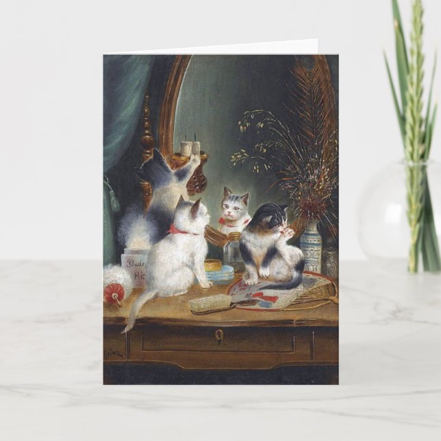 Tarjeta Pintura vintage - Gatitos jugando en la vanidad, (Anverso)