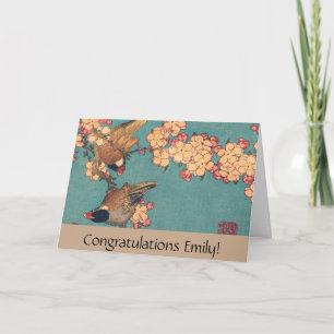 Tarjeta Pinzón japonés y flor de cerezo vintage de Hokusai