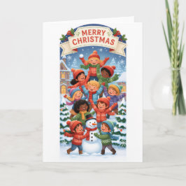 Tarjeta Pirámide alegre de Navidad – Niños construyendo un