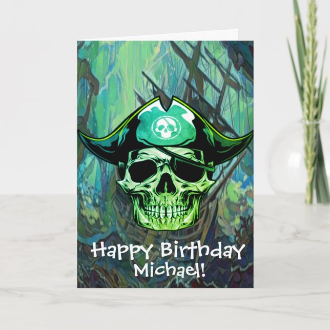 Tarjeta Pirata Capitán Calavera Huesos Cruzados Barco Fant (Anverso)