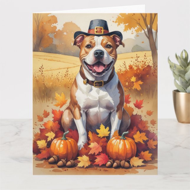 Tarjeta Pitbull En Otoño Deja El Arte De Acción De Gracias (Planta pequeña)