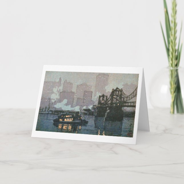 Tarjeta Pittsburgh de noche, Hiroshi Yoshida, Woodcut (Anverso)