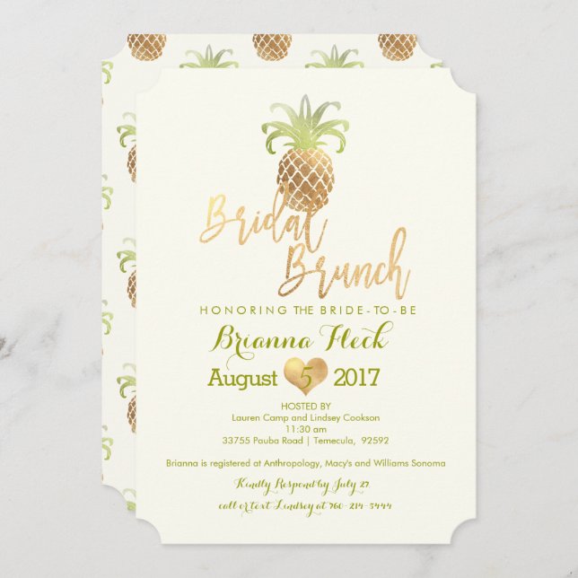 Tarjeta PixDezines Bridal Brunch/Faux Gold/Pineapp (Anverso / Reverso)