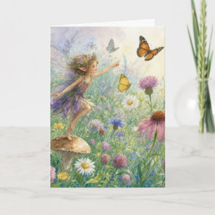 Tarjeta Pixie de cumpleaños con mariposas en un jardín