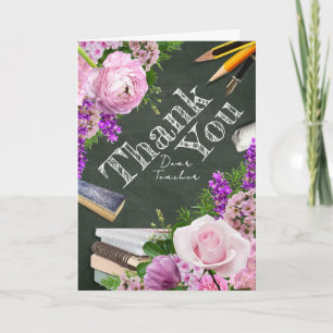 Tarjeta Pizarra Rosa Floral Profesora Foto Gracias