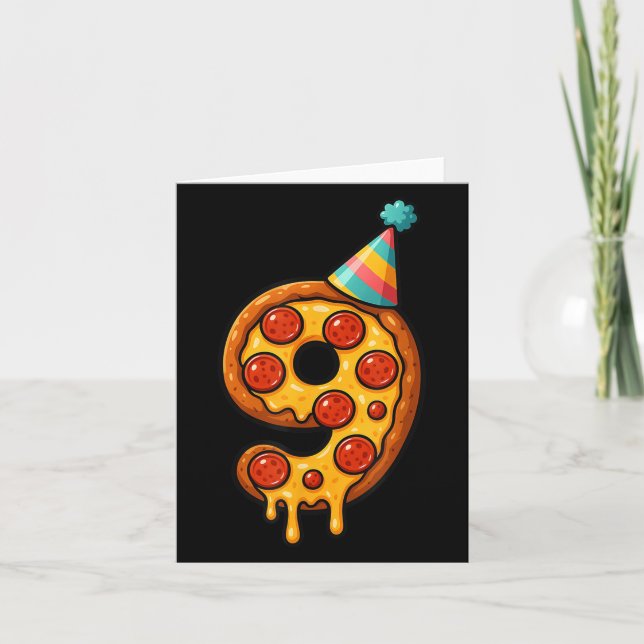 Tarjeta Pizza Novena Cumpleaños Gorra Fiesta de 9 años (Anverso)