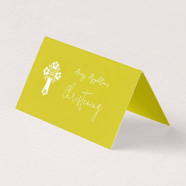 Tarjeta Place Card Floral Cross Christening Yellow (Reverso)