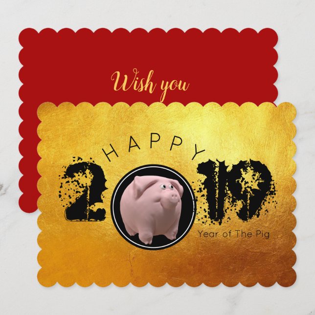 Tarjeta plana 3D original Happy PIg Year 2019 (Anverso / Reverso)