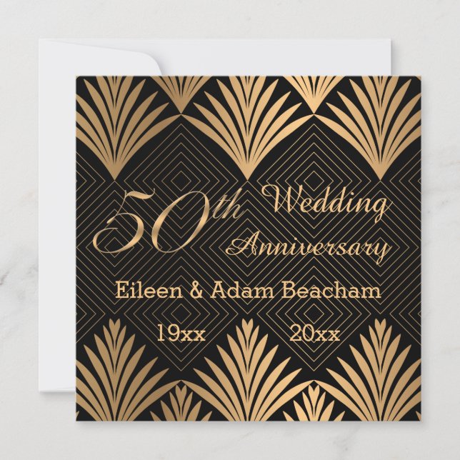 Tarjeta plana Art deco golden hojas 50º aniversari (Anverso)