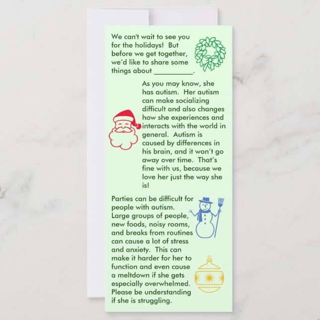 Tarjeta plana Chica de Navidades de autismo (Anverso)