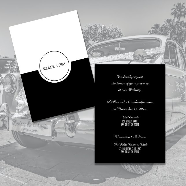 Tarjeta plana clásica de invitación a la boda blan (Classic Black & White Wedding Invitation)