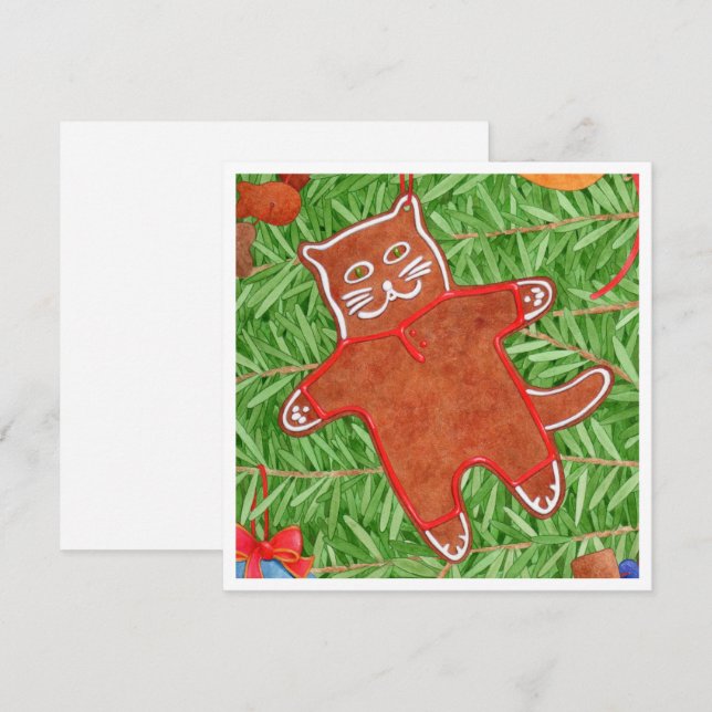 TARJETA PLANA CUADRADA GINGERBREAD KITTY 5.25" (Anverso / Reverso)