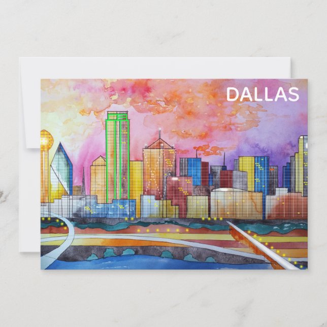 Tarjeta plana Dallas Texas Watercolor City Skyline (Anverso)
