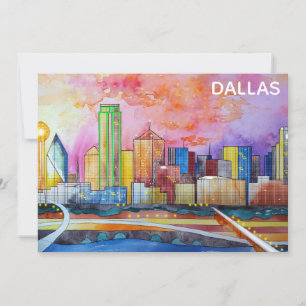 Tarjeta plana Dallas Texas Watercolor City Skyline