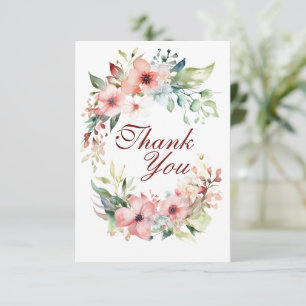 Tarjeta plana de agradecimiento con flores rosadas