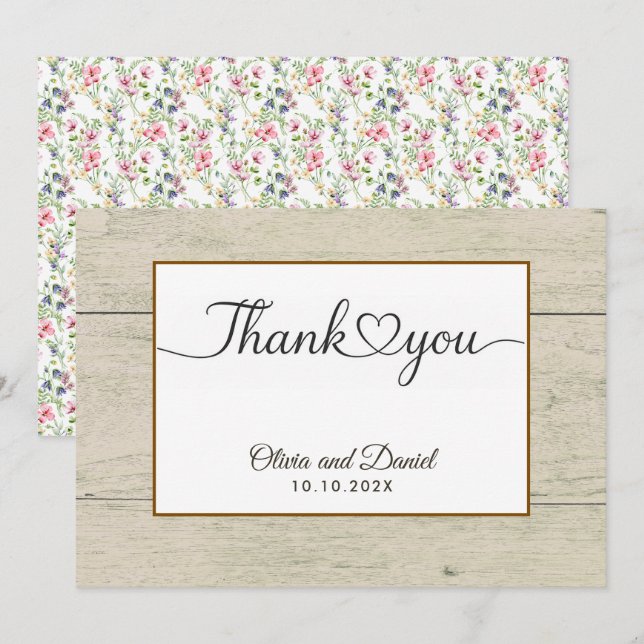 Tarjeta plana de agradecimiento de boda con corazó (Anverso / Reverso)