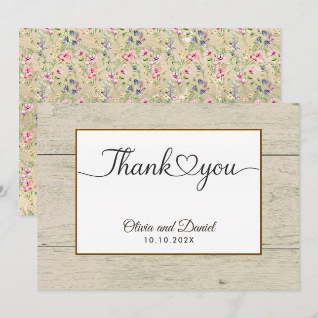 Tarjeta plana de agradecimiento de boda con corazó (Anverso / Reverso)