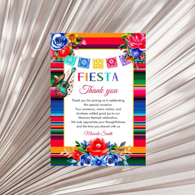 Tarjeta plana de agradecimiento de cumpleaños Fies (Mexican Serape Floral Fiesta birthday thank you card)