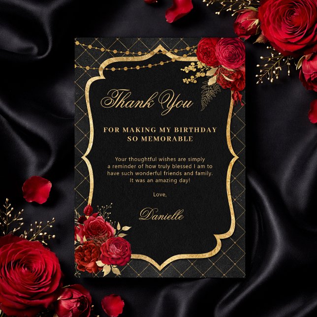 Tarjeta plana de agradecimiento de cumpleaños negr (Black, Red and Gold Flat Birthday Thank You Card)