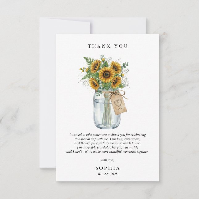 Tarjeta plana de agradecimiento de girasol rústico (Anverso)