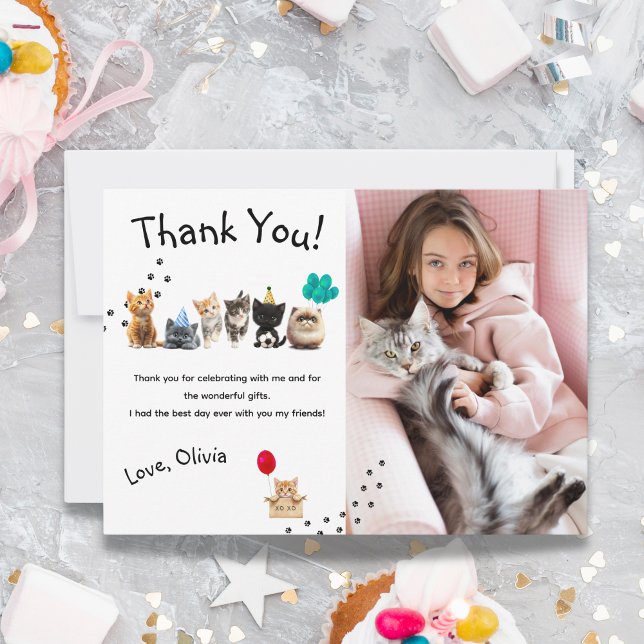 Tarjeta plana de agradecimiento para cumpleaños de (Cute Kitten Birthday Party Flat Thank You Card)