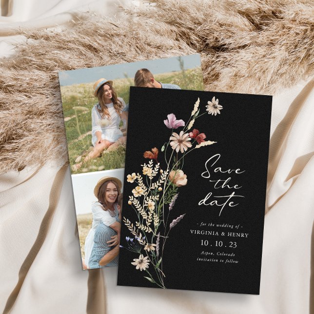 Tarjeta plana de ahorro de fecha boho de foto negr (Black Wildflowers Photo Boho Save The Date Flat Card by Painted Paperie
)