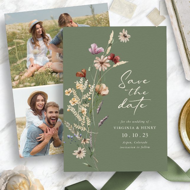 Tarjeta plana de ahorro de fecha boho foto verde (Green Photo Boho Save The Date Flat Card
)