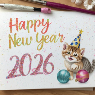 Tarjeta plana de año nuevo feliz con gato divertid