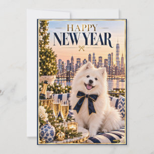 Tarjeta plana de año nuevo para perro esquimal ame