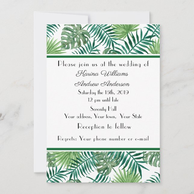 Tarjeta plana de anuncio de boda de palma tropical (Anverso)