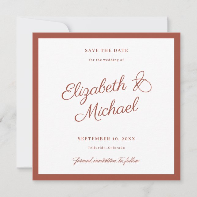 Tarjeta plana de anuncio de fecha de boda con bord (Anverso)