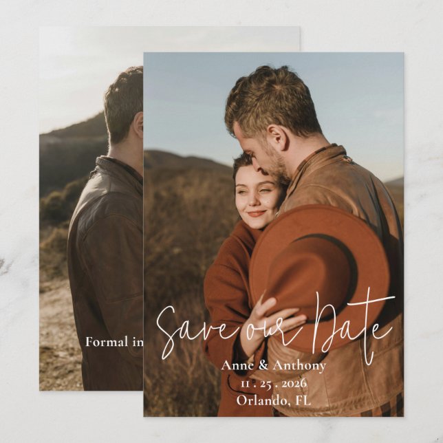 Tarjeta plana de anuncio de fecha de boda con dos  (Anverso / Reverso)