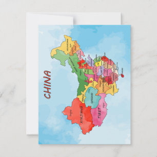 Tarjeta plana de arte de acuarela del mapa de Chin