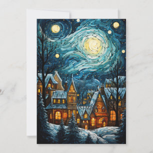 Tarjeta plana de arte de la aldea de Navidad azul